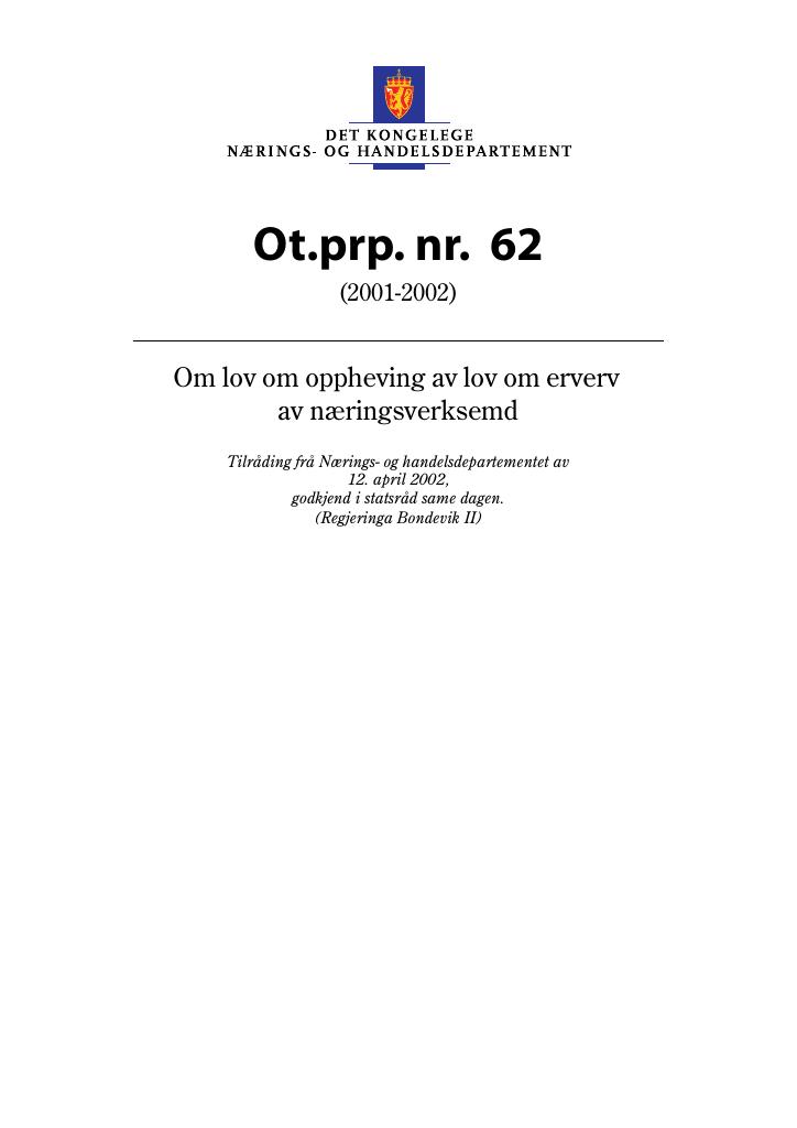 Forsiden av dokumentet Ot.prp. nr. 62 (2001-2002)