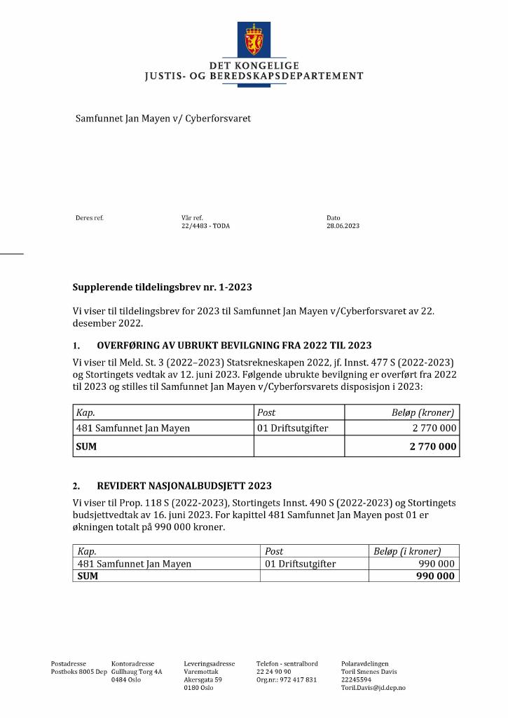 Forsiden av dokumentet Tildelingsbrev Samfunnet Jan Mayen – Cyberforsvaret 2023 - tillegg nr. 1