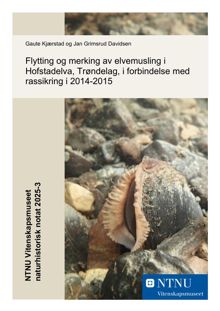 Forsiden av dokumentet Flytting og merking av elvemusling i Hofstadelva, Trøndelag, i forbindelse med rassikring i 2014-2015