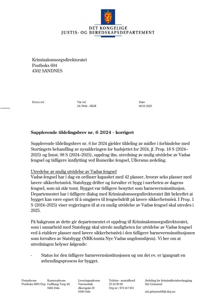 Forsiden av dokumentet Tildelingsbrev Kriminalomsorgen 2024 - tillegg nr. 6