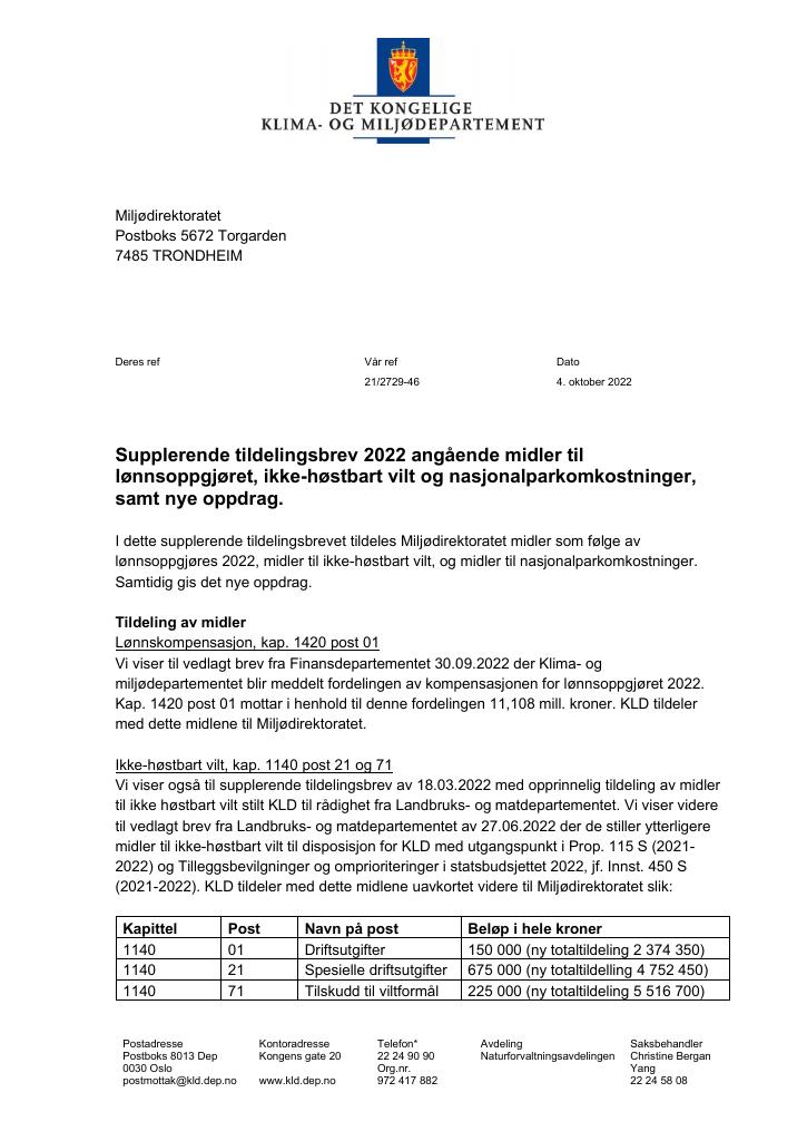 Forsiden av dokumentet Tildelingsbrev Miljødirektoratet 2022 - tillegg