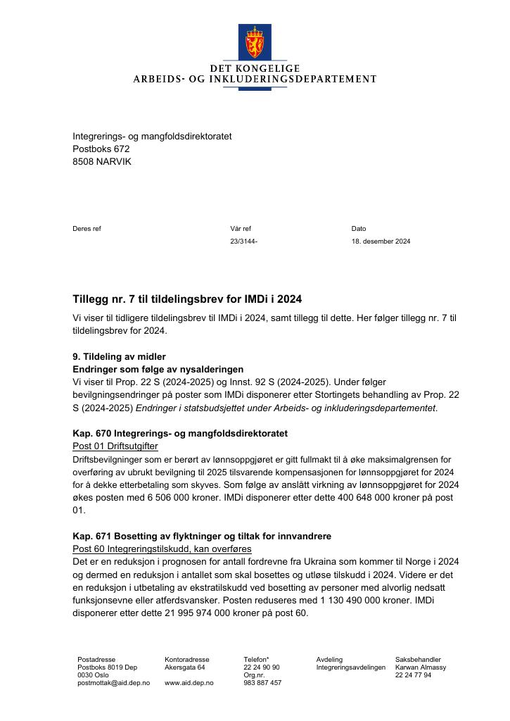 Forsiden av dokumentet Tildelingsbrev Integrerings- og mangfoldsdirektoratet (IMDi) 2024 - tillegg nr. 7