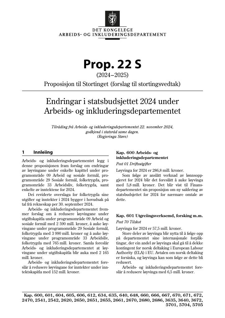 Forsiden av dokumentet Prop. 22 S (2024–2025)