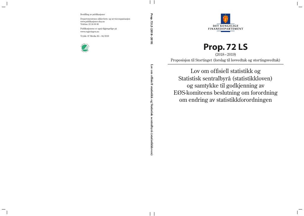 Forsiden av dokumentet Prop. 72 LS (2018–2019)