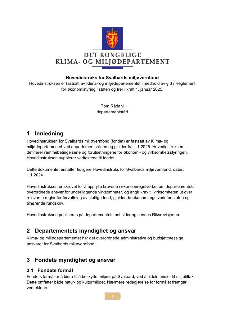 Forsiden av dokumentet Hovedinstruks for Svalbards miljøvernfond 2025
