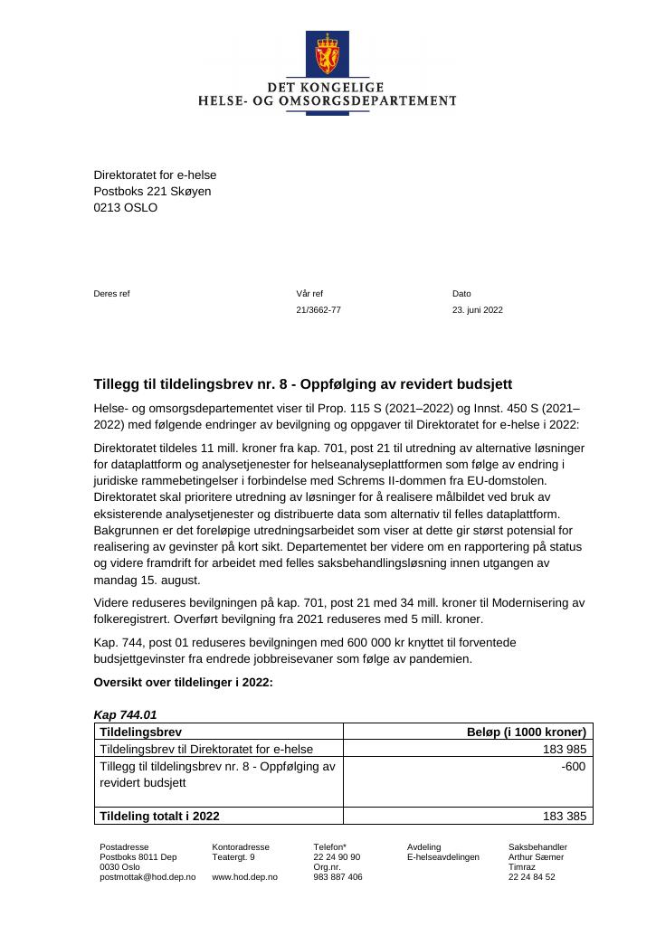 Forsiden av dokumentet Tildelingsbrev Direktoratet for e-helse 2022 - tillegg nr. 8