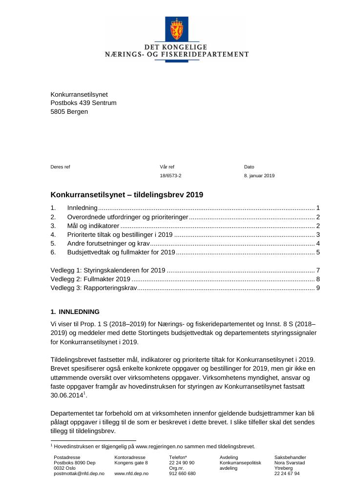 Forsiden av dokumentet Tildelingsbrev Konkurransetilsynet 2019