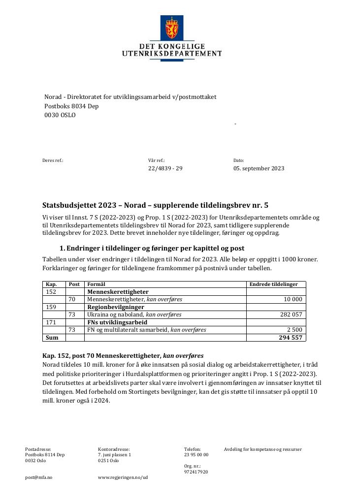 Forsiden av dokumentet Tildelingsbrev Norad 2023 - tillegg nr. 5