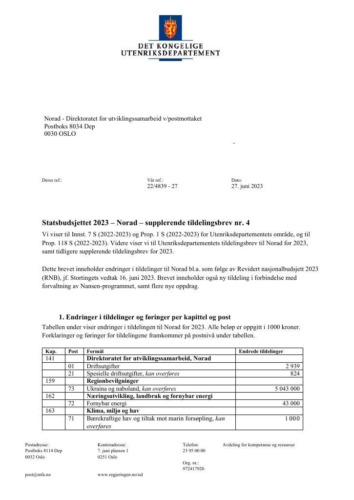 Forsiden av dokumentet Tildelingsbrev Norad 2023 - tillegg nr. 4