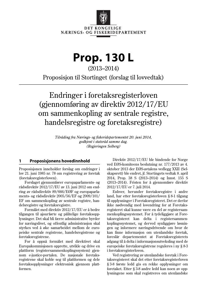 Forsiden av dokumentet Prop. 130 L (2013–2014)