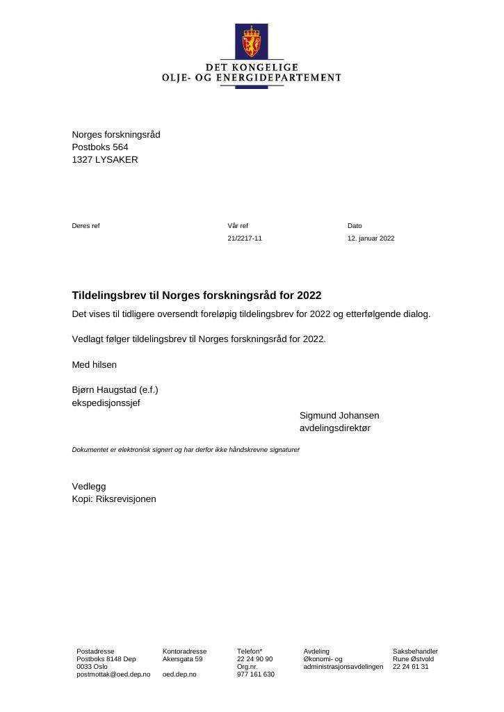 Forsiden av dokumentet Tildelingsbrev Norges forskningsråd 2022