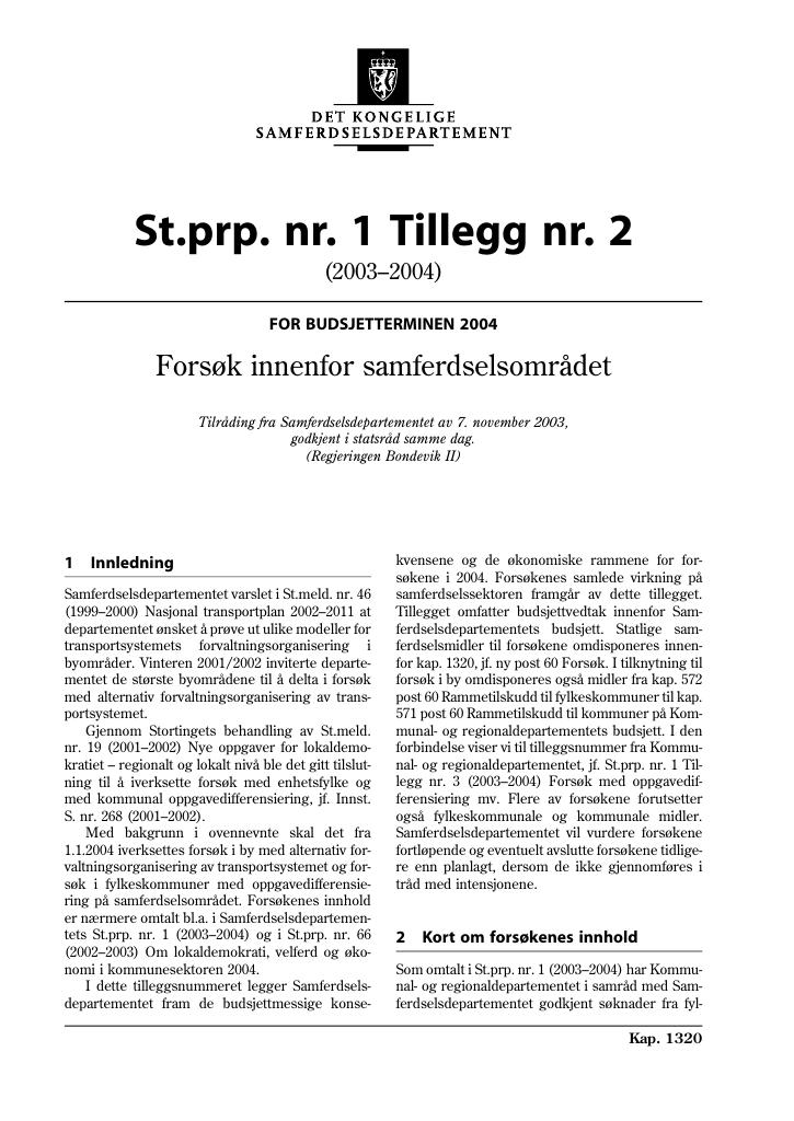 Forsiden av dokumentet St.prp nr. 1 Tillegg nr. 2 (2003-2004)