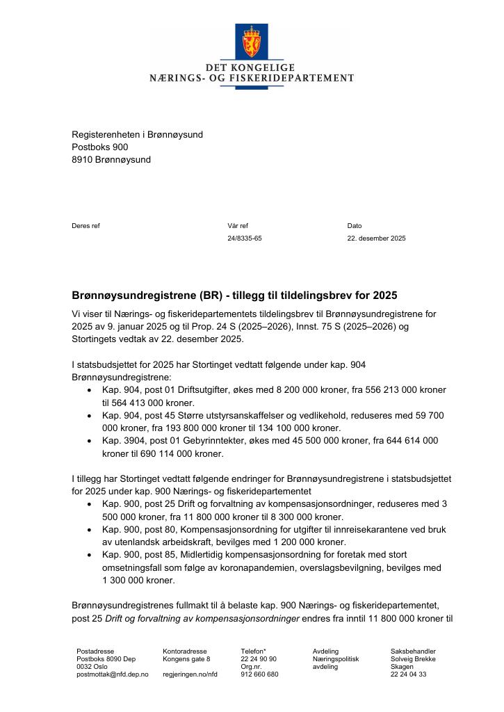 Forsiden av dokumentet Tildelingsbrev Brønnøysundregistrene 2025 - tillegg