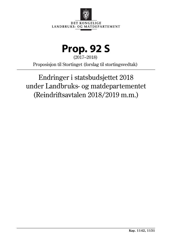 Forsiden av dokumentet Prop. 92 S (2017–2018)