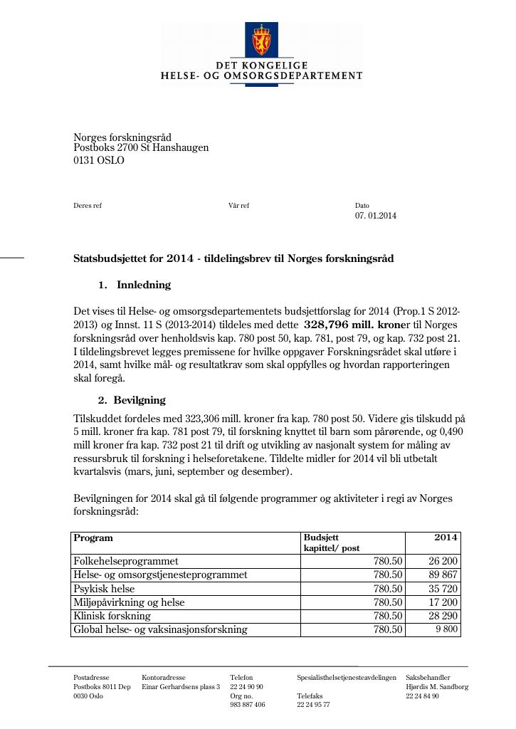 Forsiden av dokumentet Tildelingsbrev (pdf)