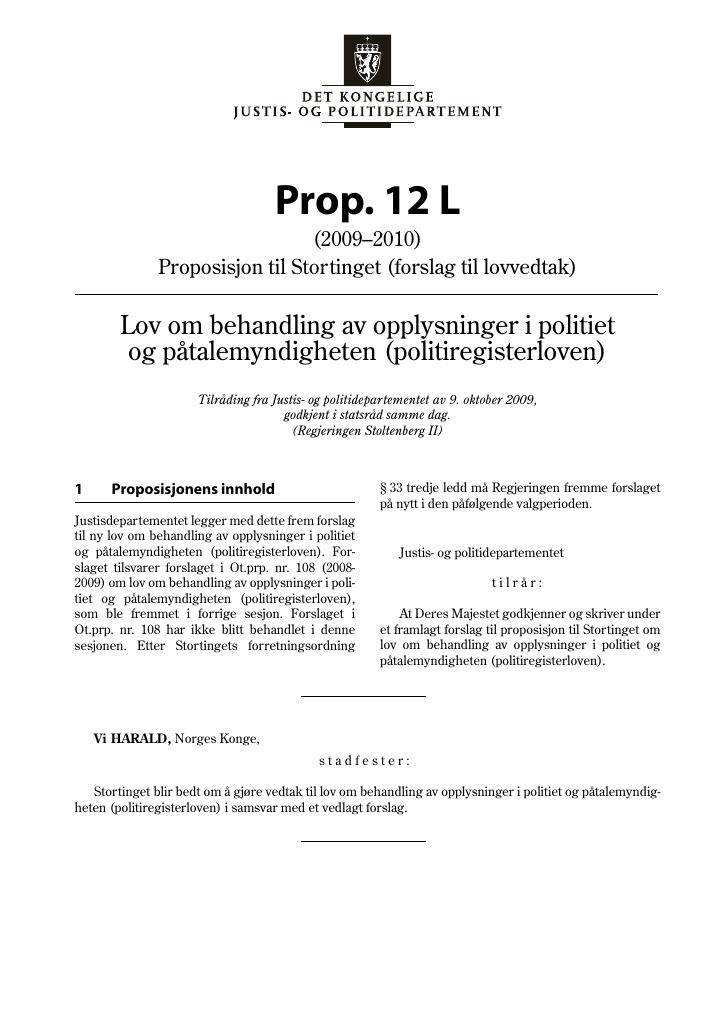 Forsiden av dokumentet Prop. 12 L (2009-2010)