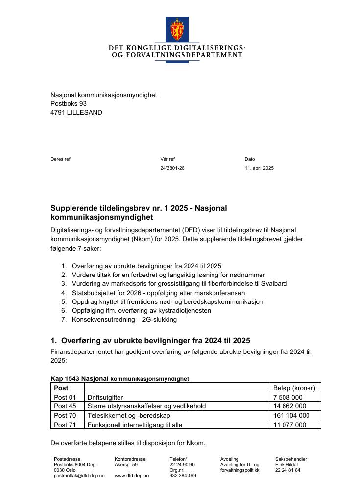 Forsiden av dokumentet Tildelingsbrev Nkom 2025 - tillegg nr. 1