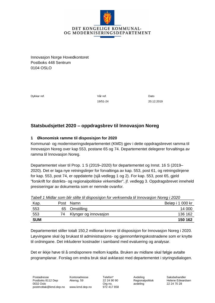 Forsiden av dokumentet Statsbudsjettet 2020: Oppdragsbrev Innovasjon Norge