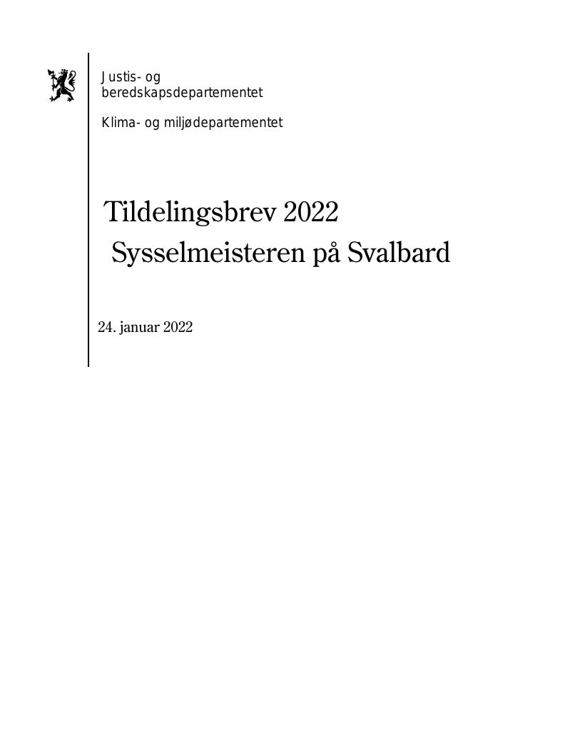 Forsiden av dokumentet Tildelingsbrev Sysselmesteren på Svalbard 2022