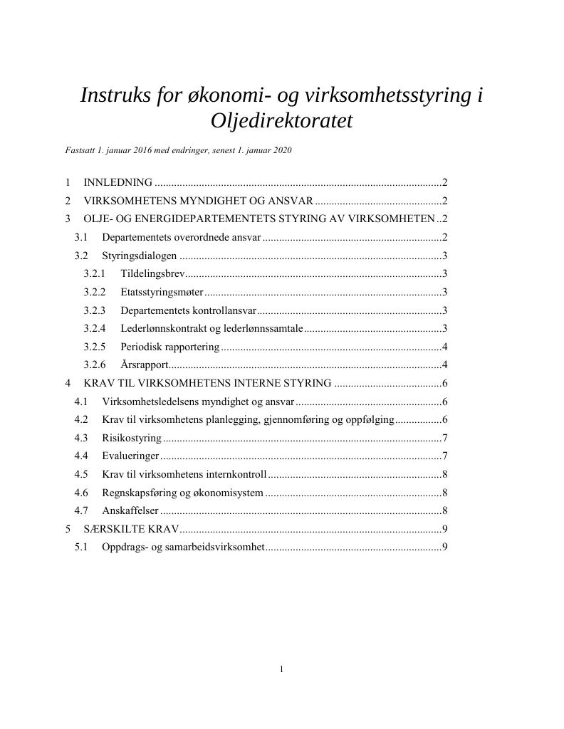 Forsiden av dokumentet Instruks Oljedirektoratet 2020