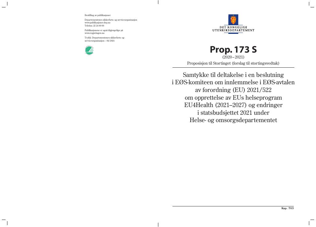 Forsiden av dokumentet Prop. 173 S (2020–2021)