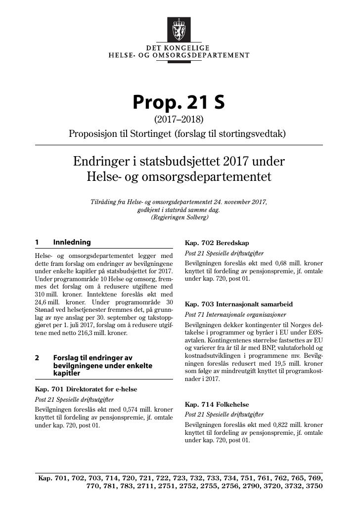 Forsiden av dokumentet Prop. 21 S (2017–2018)