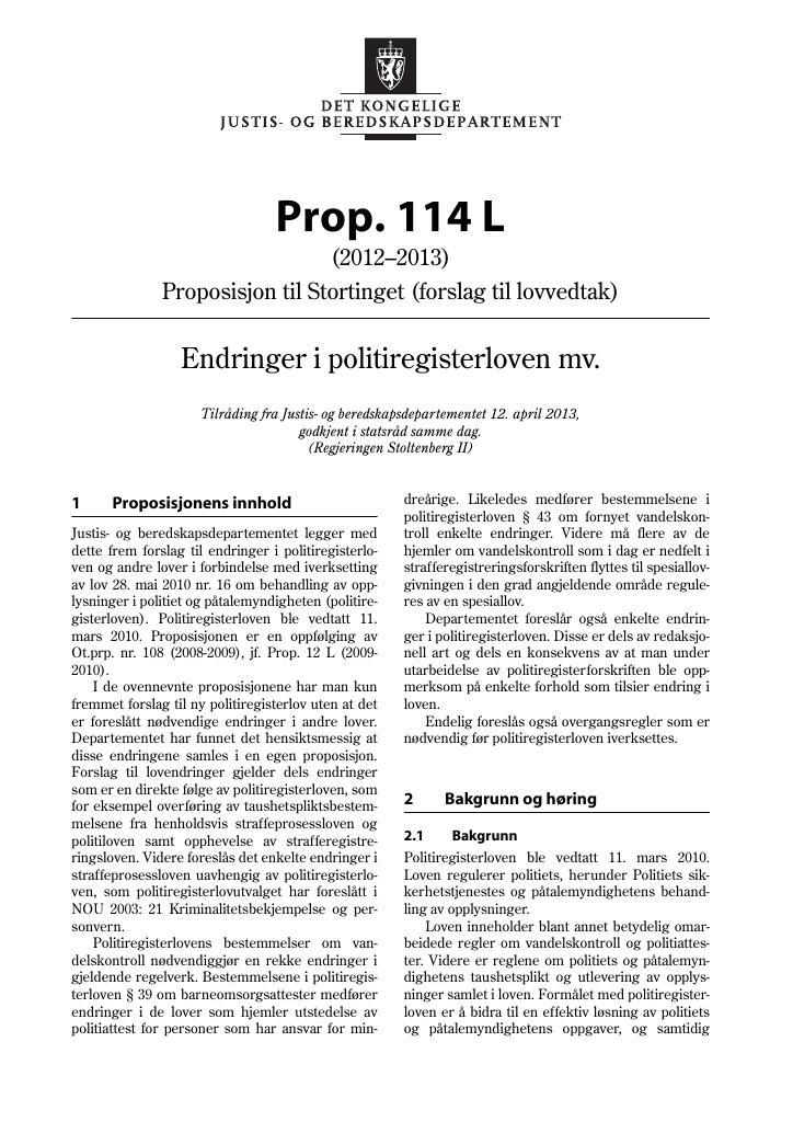 Forsiden av dokumentet Prop. 114 L (2012–2013)