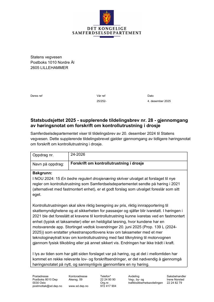 Forsiden av dokumentet Tildelingsbrev Statens vegvesen 2025 - tillegg nr. 28