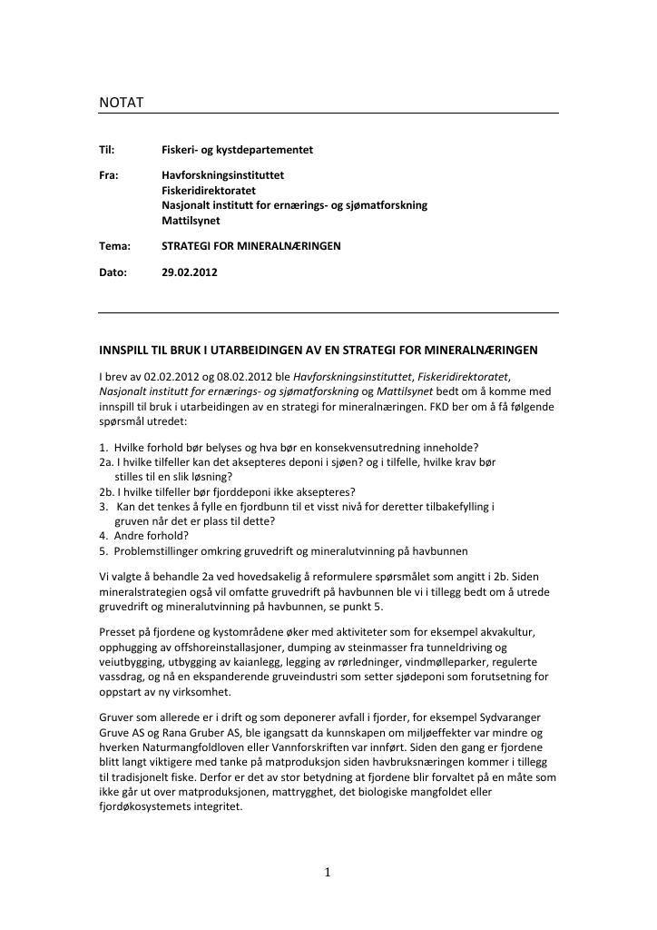 Forsiden av dokumentet Innspill til bruk i utarbeidingen av en strategi for mineralnæringen