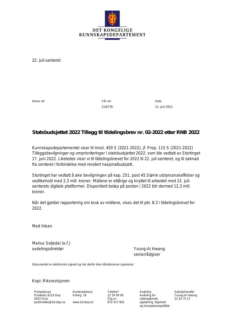 Forsiden av dokumentet Tildelingsbrev 22. juli-senteret 2022 - tillegg nr. 2