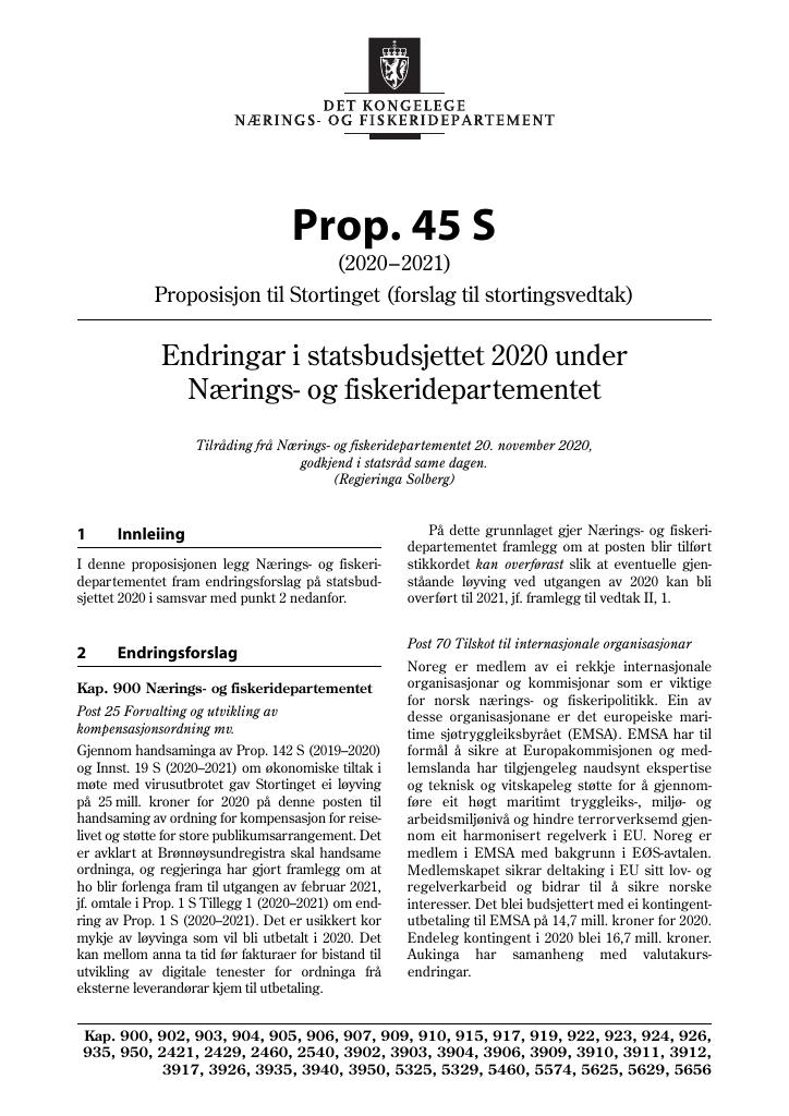 Forsiden av dokumentet Prop. 45 S (2020–2021)