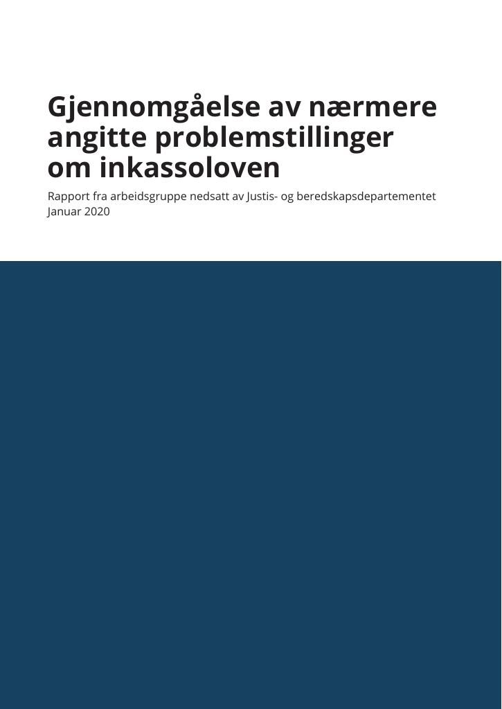 Forsiden av dokumentet Gjennomgåelse av nærmere angitte problemstillinger om inkassoloven