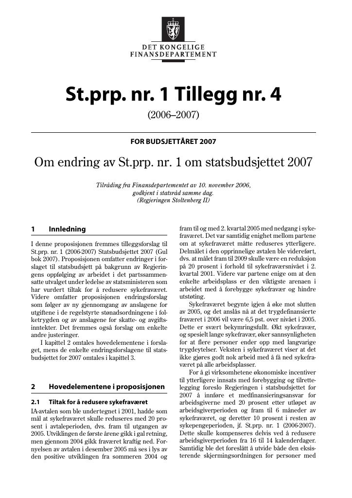 Forsiden av dokumentet St.prp nr. 1 Tillegg nr. 4 (2006-2007)