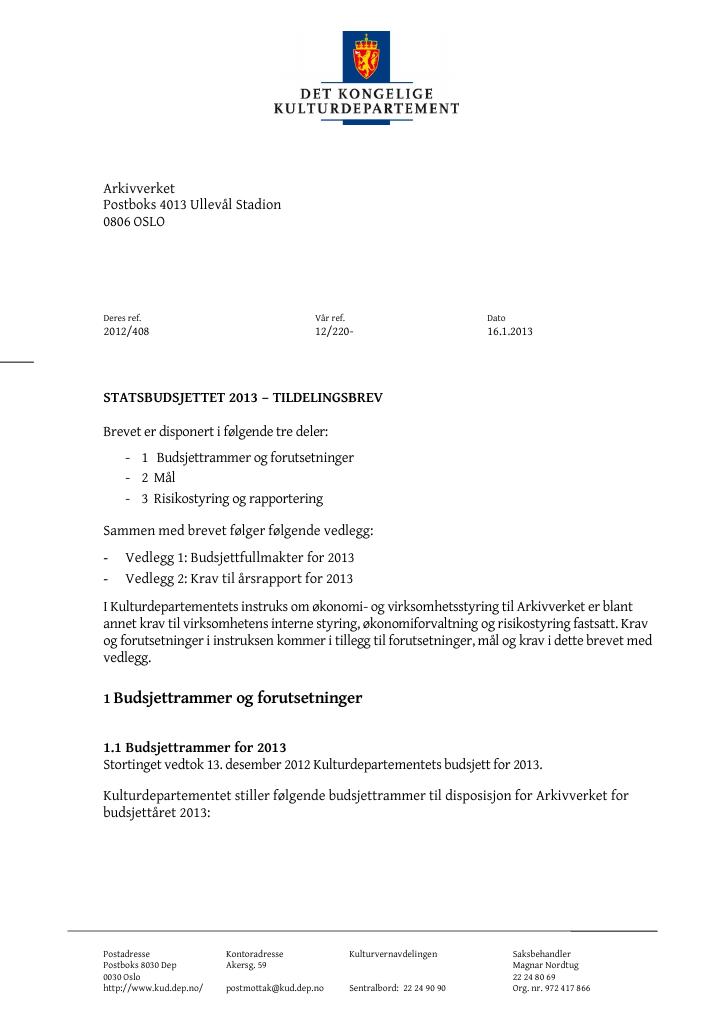 Forsiden av dokumentet Tildelingsbrev (.pdf)