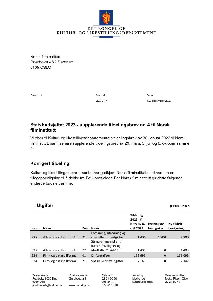 Forsiden av dokumentet Supplerende tildelingsbrev nr. 4 (.pdf) 2023