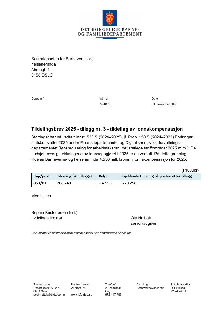 Forsiden av dokumentet Tildelingsbrev Barneverns- og helsenemnda 2025 - tillegg nr. 3