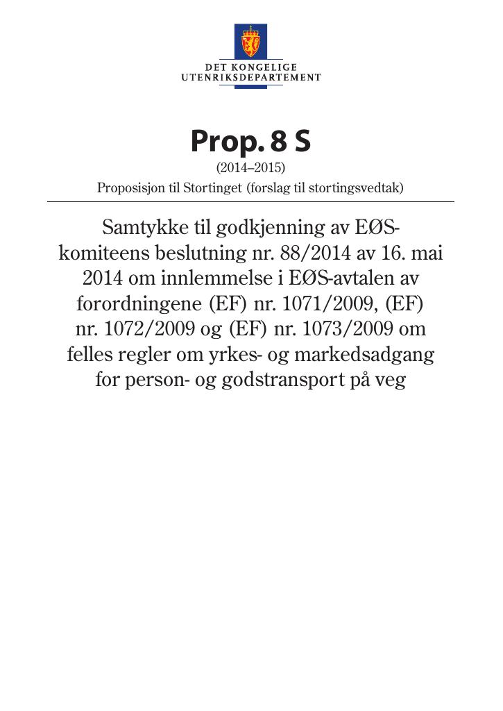 Forsiden av dokumentet Prop. 8 S (2014–2015)