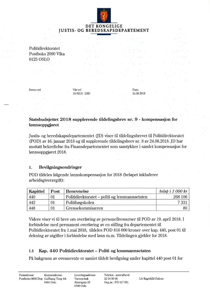 Forsiden av dokumentet Tildelingsbrev Politidirektoratet 2018 - tillegg nr. 9