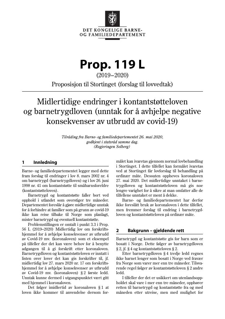 Forsiden av dokumentet Prop. 119 L (2019–2020)