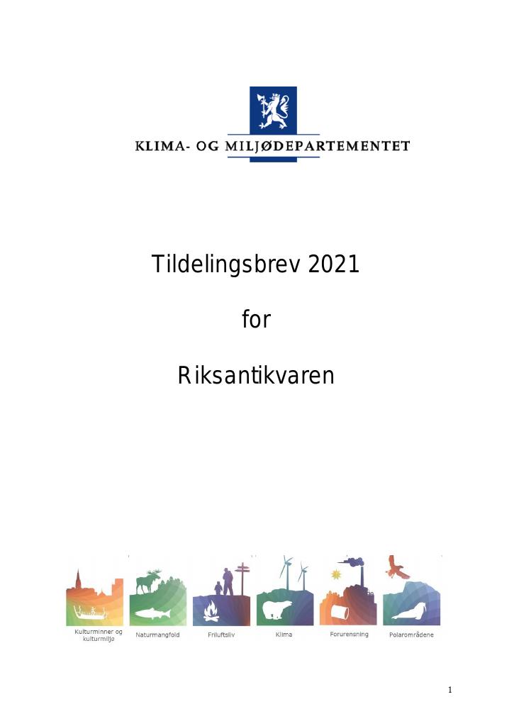 Forsiden av dokumentet Tildelingsbrev Riksantikvaren 2021
