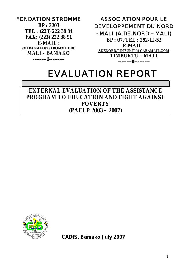 Forsiden av dokumentet Assistance Programme to Education & Fight Against Poverty