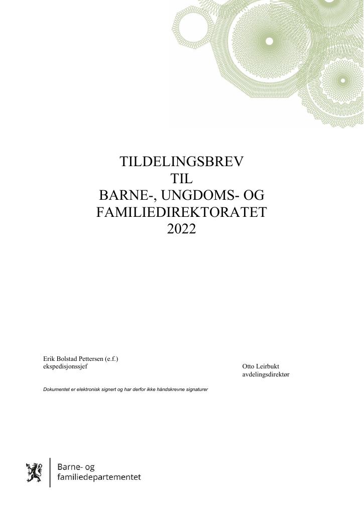Forsiden av dokumentet Tildelingsbrev Bufdir 2022