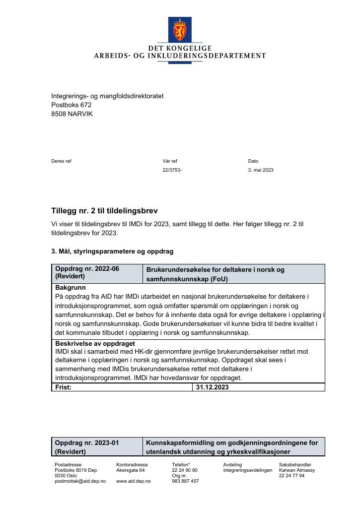 Forsiden av dokumentet Tildelingsbrev Integrerings- og mangfoldsdirektoratet (IMDi) 2023 - tillegg nr. 2