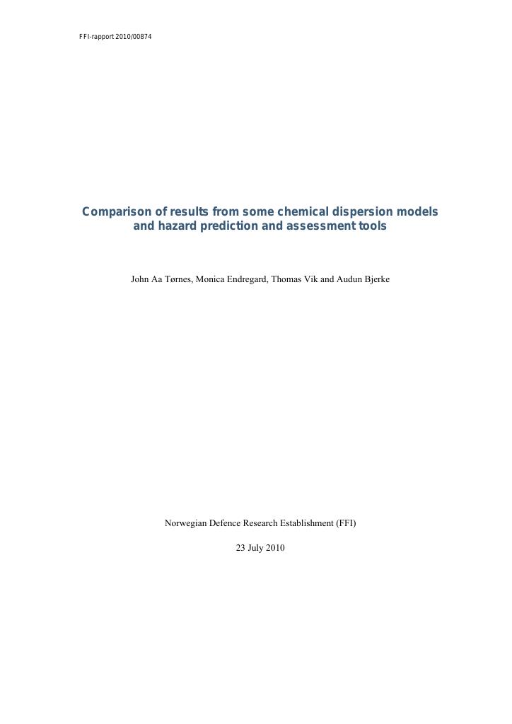 Forsiden av dokumentet Comparison of results from some chemical dispersion models and hazard prediction and assessment tools