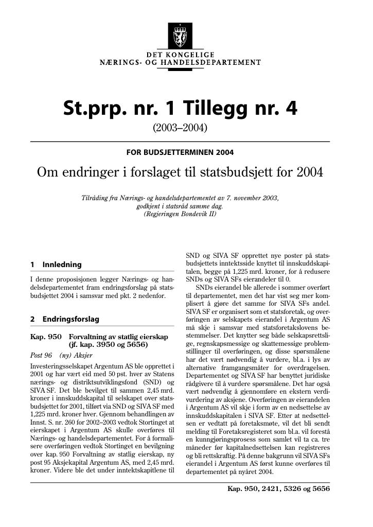 Forsiden av dokumentet St.prp nr. 1 Tillegg nr. 4 (2003-2004)