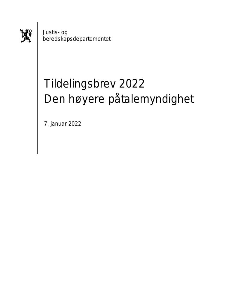Forsiden av dokumentet Tildelingsbrev Den høyere påtalemyndighet 2022