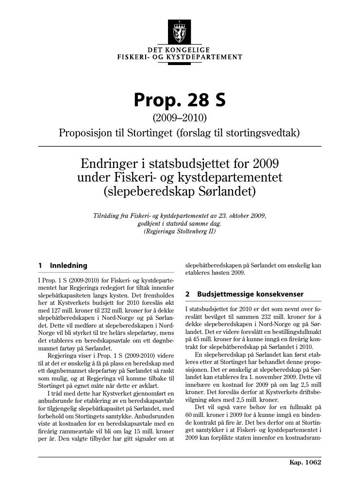 Forsiden av dokumentet Prop. 28 S (2009-2010)