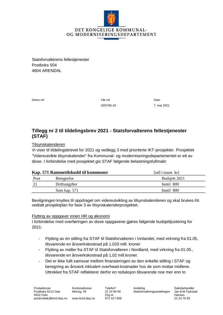 Forsiden av dokumentet Tildelingsbrev Statsforvalterens fellestjenester 2021 - tillegg nr. 2