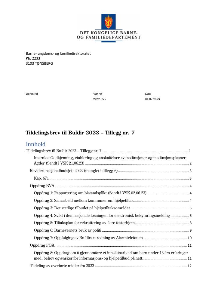 Forsiden av dokumentet Tildelingsbrev Bufdir 2023 - tillegg nr. 7