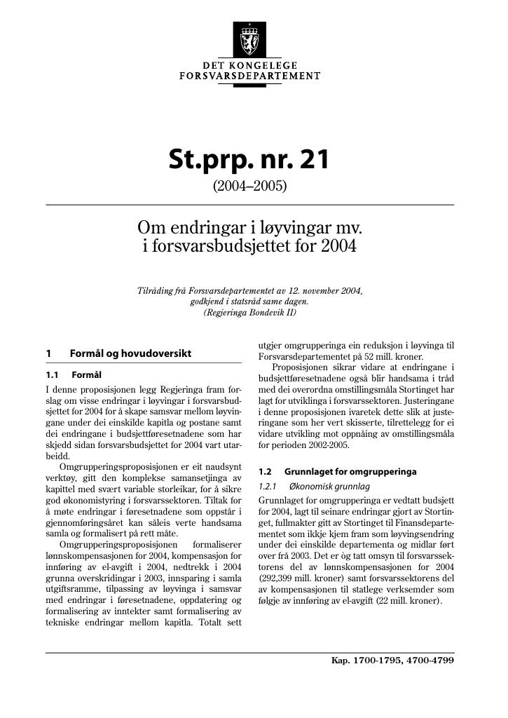Forsiden av dokumentet St.prp. nr. 21 (2004-2005)
